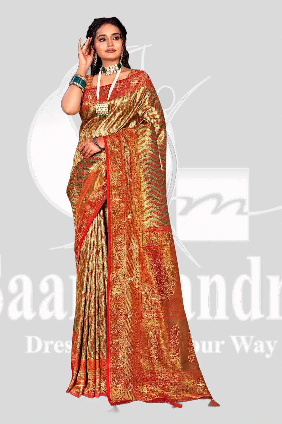 Silk - Silver & Red Saree with Rich Zari Woven Border - Fancy Meet